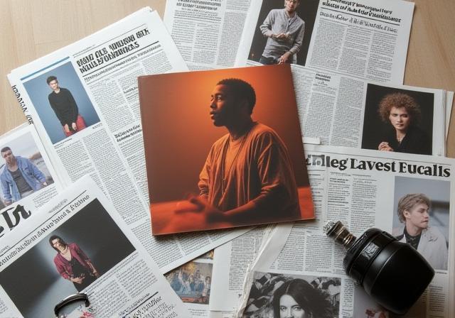 Image showing an album cover alongside magazine clippings and articles displaying media coverage.