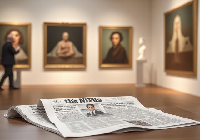 Artwork displayed in a gallery setting with printed media articles showcasing the publicity generated for the exhibition.